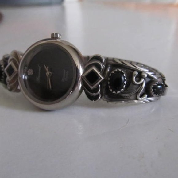 Diamond Quartz JB Navajo Sterling silver watch Womens Black Onyx Watch Bracelet - Picture 3 of 6